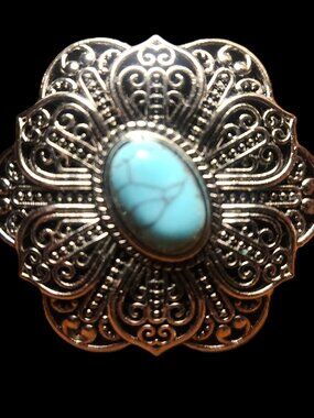 SCARF SLIDE SILVERTONE Filigree w faux TURQUOISE stonNEW by Ornaments Collection